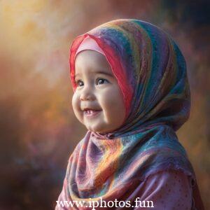 A captivating cinematic photo of a young girl with expressive eyes, wearing a vibrant pink hijab that gracefully drapes around her neck. She is attired in a delicate, light-colored outfit adorned with small golden embellishments, reflecting her elegance and grace. The background, a blurred outdoor setting with tall trees and a winding pathway, adds depth and serenity to the captivating scene