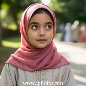 A captivating cinematic photo of a young girl with expressive eyes, wearing a vibrant pink hijab that gracefully drapes around her neck. She is attired in a delicate, light-colored outfit adorned with small golden embellishments, reflecting her elegance and grace. The background, a blurred outdoor setting with tall trees and a winding pathway, adds depth and serenity to the captivating scene