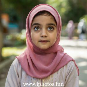 A captivating cinematic photo of a young girl with expressive eyes, wearing a vibrant pink hijab that gracefully drapes around her neck. She is attired in a delicate, light-colored outfit adorned with small golden embellishments, reflecting her elegance and grace. The background, a blurred outdoor setting with tall trees and a winding pathway, adds depth and serenity to the captivating scene