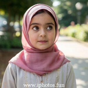 A captivating cinematic photo of a young girl with expressive eyes, wearing a vibrant pink hijab that gracefully drapes around her neck. She is attired in a delicate, light-colored outfit adorned with small golden embellishments, reflecting her elegance and grace. The background, a blurred outdoor setting with tall trees and a winding pathway, adds depth and serenity to the captivating scene