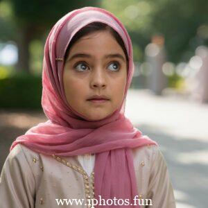 A captivating cinematic photo of a young girl with expressive eyes, wearing a vibrant pink hijab that gracefully drapes around her neck. She is attired in a delicate, light-colored outfit adorned with small golden embellishments, reflecting her elegance and grace. The background, a blurred outdoor setting with tall trees and a winding pathway, adds depth and serenity to the captivating scene