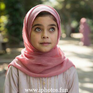 A captivating cinematic photo of a young girl with expressive eyes, wearing a vibrant pink hijab that gracefully drapes around her neck. She is attired in a delicate, light-colored outfit adorned with small golden embellishments, reflecting her elegance and grace. The background, a blurred outdoor setting with tall trees and a winding pathway, adds depth and serenity to the captivating scene