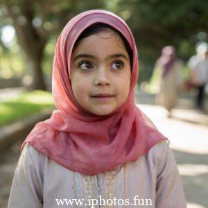 A captivating cinematic photo of a young girl with expressive eyes, wearing a vibrant pink hijab that gracefully drapes around her neck. She is attired in a delicate, light-colored outfit adorned with small golden embellishments, reflecting her elegance and grace. The background, a blurred outdoor setting with tall trees and a winding pathway, adds depth and serenity to the captivating scene