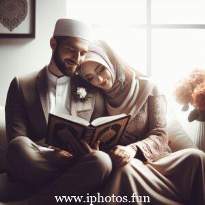 Husband wife beautiful couple read Quran love Islamic photo