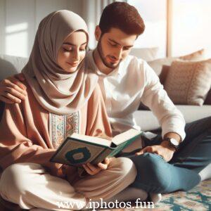 Husband wife beautiful couple read Quran love Islamic photo