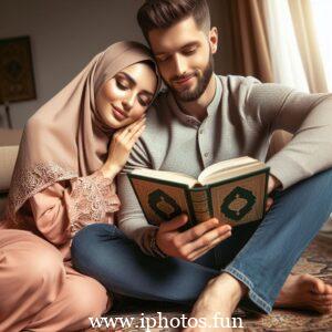 Husband wife beautiful couple read Quran love Islamic photo