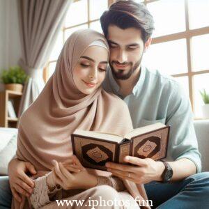 Husband wife beautiful couple read Quran love Islamic photo