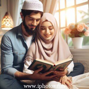 Husband wife beautiful couple read Quran love Islamic photo