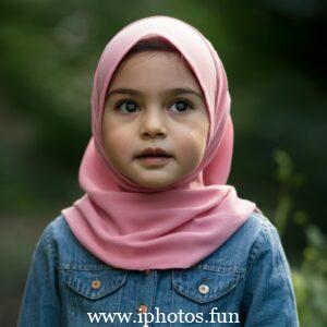 A captivating cinematic photo of a young girl with expressive eyes, wearing a vibrant pink hijab that gracefully drapes around her neck. She is attired in a delicate, light-colored outfit adorned with small golden embellishments, reflecting her elegance and grace. The background, a blurred outdoor setting with tall trees and a winding pathway, adds depth and serenity to the captivating scene