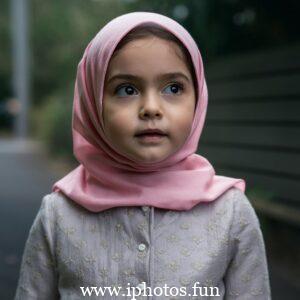 A captivating cinematic photo of a young girl with expressive eyes, wearing a vibrant pink hijab that gracefully drapes around her neck. She is attired in a delicate, light-colored outfit adorned with small golden embellishments, reflecting her elegance and grace. The background, a blurred outdoor setting with tall trees and a winding pathway, adds depth and serenity to the captivating scene