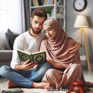 Husband wife beautiful couple read Quran love Islamic photo