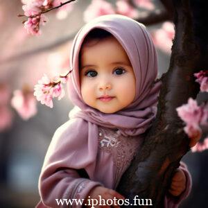 Image of a baby girl wearing a hijab near a tree