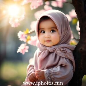 Image of a baby girl wearing a hijab near a tree