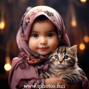 Child wearing hijab lovingly holds a fluffy cat