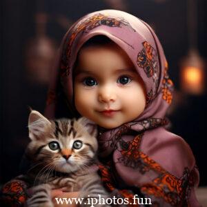 Child wearing hijab lovingly holds a fluffy cat