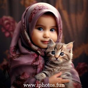 Child wearing hijab lovingly holds a fluffy cat