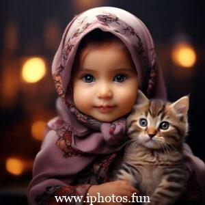 Child wearing hijab lovingly holds a fluffy cat