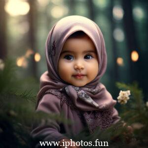 A young child wearing a hijab exploring the forest