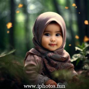 A young child wearing a hijab exploring the forest