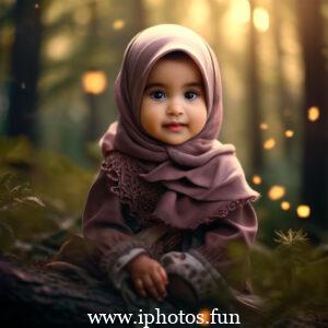 A young child wearing a hijab exploring the forest