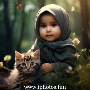 A young girl wearing a hijab gently holds a cat in her arms, radiating warmth and compassion