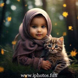 A young girl wearing a hijab gently holds a cat in her arms, radiating warmth and compassion