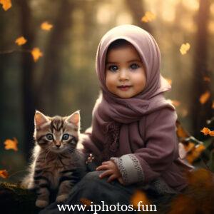 A young girl wearing a hijab gently holds a cat in her arms, radiating warmth and compassion