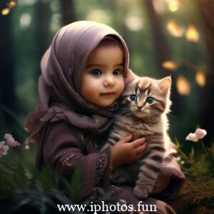 A young girl wearing a hijab gently holds a cat in her arms, radiating warmth and compassion