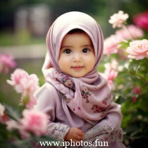 An image of a girl in a hijab standing amidst a field of vibrant flowers.