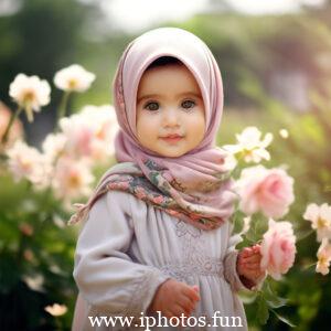 An image of a girl in a hijab standing amidst a field of vibrant flowers.