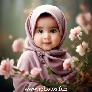 A young girl in a pink hijab holds a bouquet of flowers in her hands.