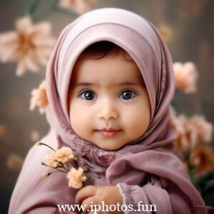 A young girl in a pink hijab holds a bouquet of flowers in her hands.