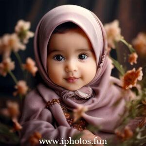 A young girl in a pink hijab holds a bouquet of flowers in her hands.