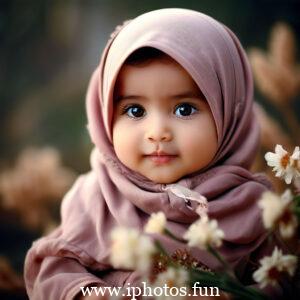 A young girl in a pink hijab holds a bouquet of flowers in her hands.