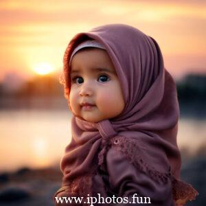 Child in pink hijab standing with sun in background