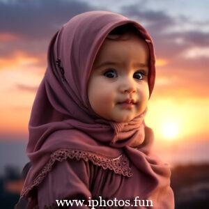 Child in pink hijab standing with sun in background