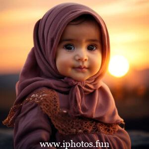 Child in pink hijab standing with sun in background