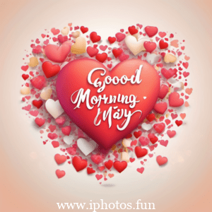 Good morning text in heart shape with hearts and ribbons. A lovely message to start the day with love and affection.