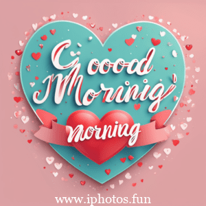 Good morning text in heart shape with hearts and ribbons. A lovely message to start the day with love and affection.