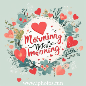 Good morning text in heart shape with hearts and ribbons. A lovely message to start the day with love and affection.