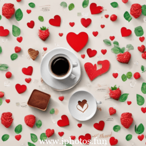 Romantic Valentine's Day scene with coffee and strawberries on a rustic background