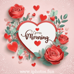 Good morning text in heart shape with hearts and ribbons. A lovely message to start the day with love and affection.