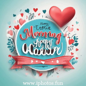 Good morning text in heart shape with hearts and ribbons. A lovely message to start the day with love and affection.