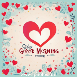 Good morning text in heart shape with hearts and ribbons. A lovely message to start the day with love and affection.