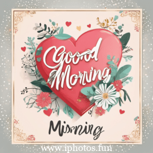 Good morning text in heart shape with hearts and ribbons. A lovely message to start the day with love and affection.