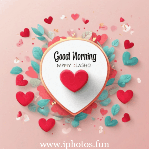 Good morning text in heart shape with hearts and ribbons. A lovely message to start the day with love and affection.